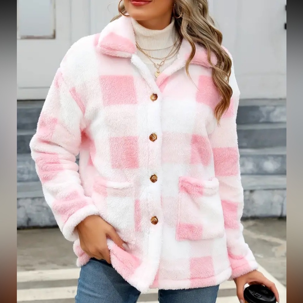 PLAID Pink & White Sherpa Fur Patch Pocket Button Up Coat Jacket L  NIB - Picture 2 of 5
